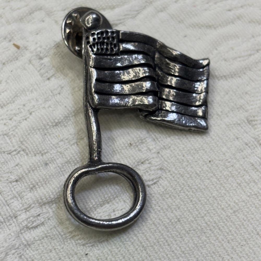 American Flag Signed H. Adams Lapel Pin Pewter Vtg Americana